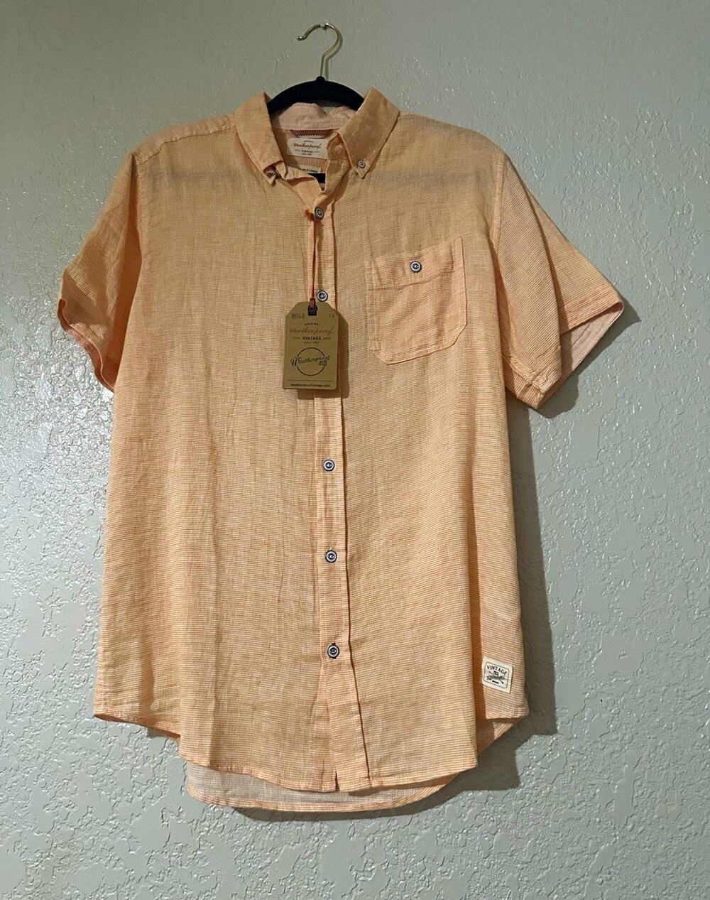 Weatherproof Vintage Linen Beige Striped Button-Down Short Sleeve Shirt Men S
